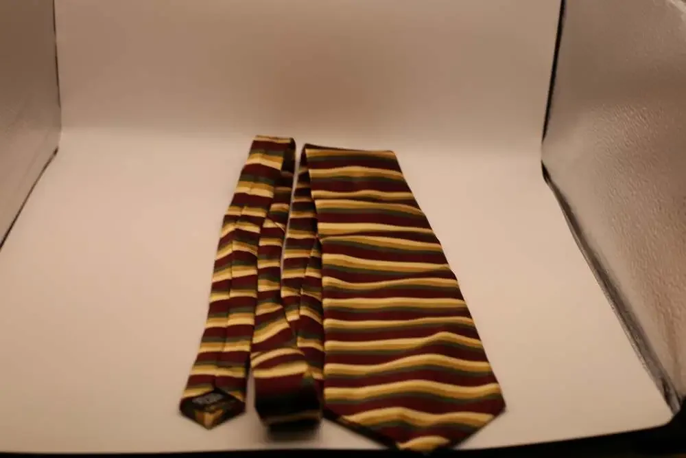 Stonehenge 100% Silk Hand Made Striped Neck Tie in Burgundy, Gold, and Green